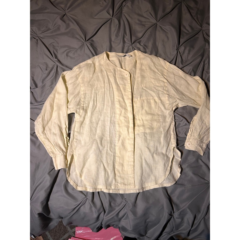 Vintage GAP Women Cream 100% Linen Collarless Hidden Button Down Shirt Small